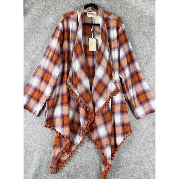 Savanna Jane Flannel Long Cardigan 1X Plaid Tassel Asymmetric Boho Western NEW - Picture 1 of 16